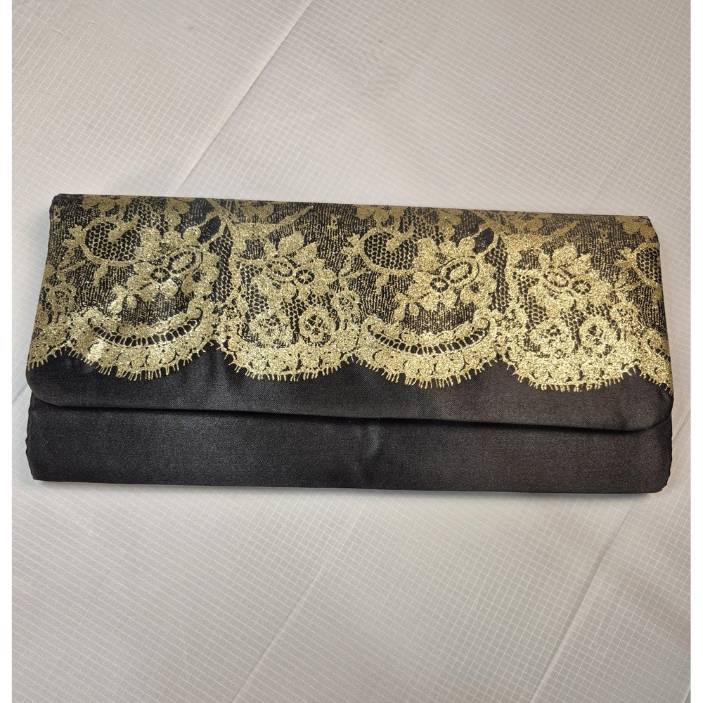 Vintage Avon Black Satin Fabric Glitter Lace Clutch Gold Lining Snap 10" Classic